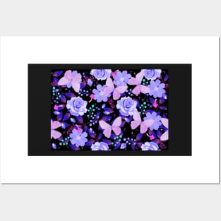 Purple Flora and Fauna Butterflies and Flowers on Black Posters and Art